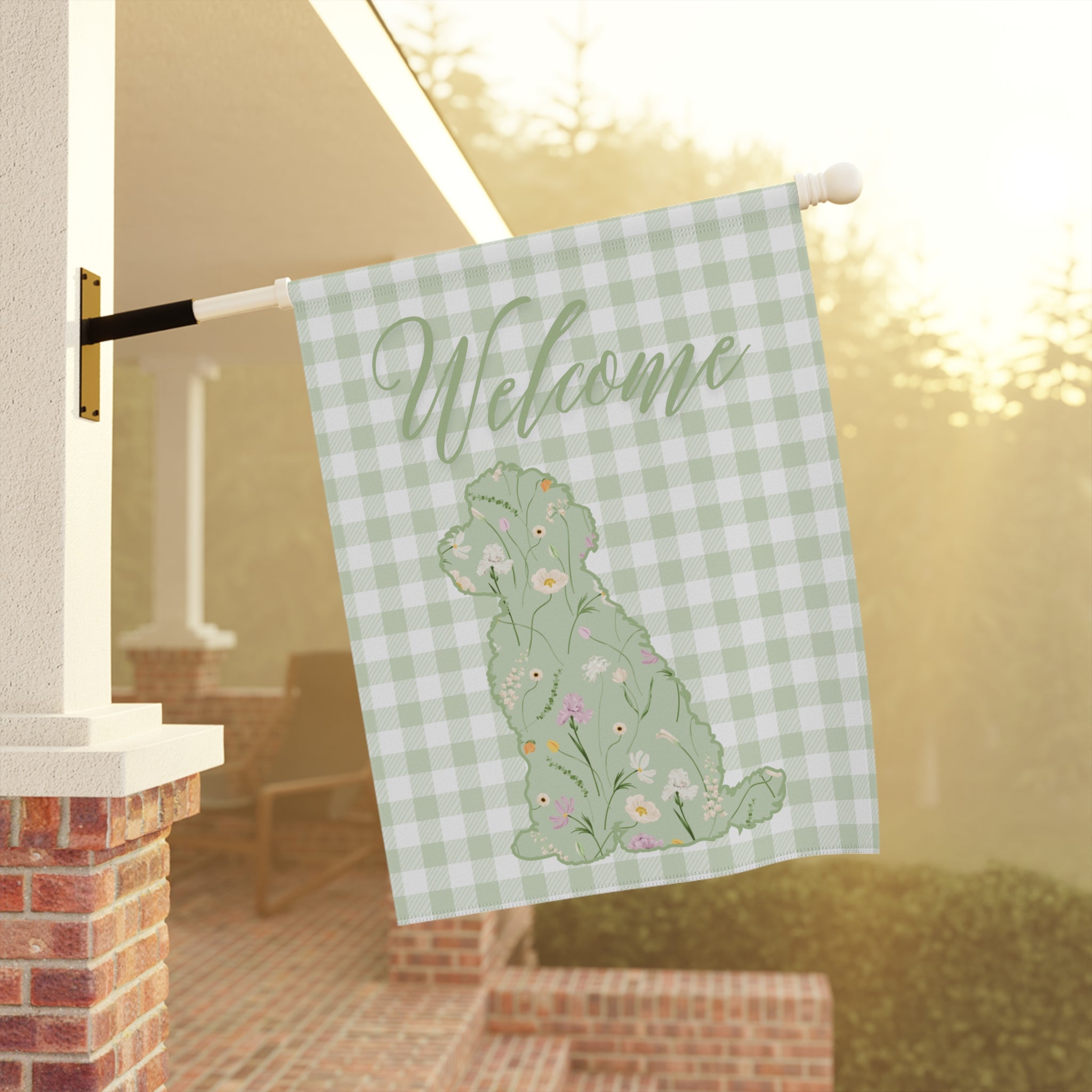Green Gingham Labradoodle Welcome Garden Banner, Floral Pet Décor, Outdoor Sign, Housewarming Gift
