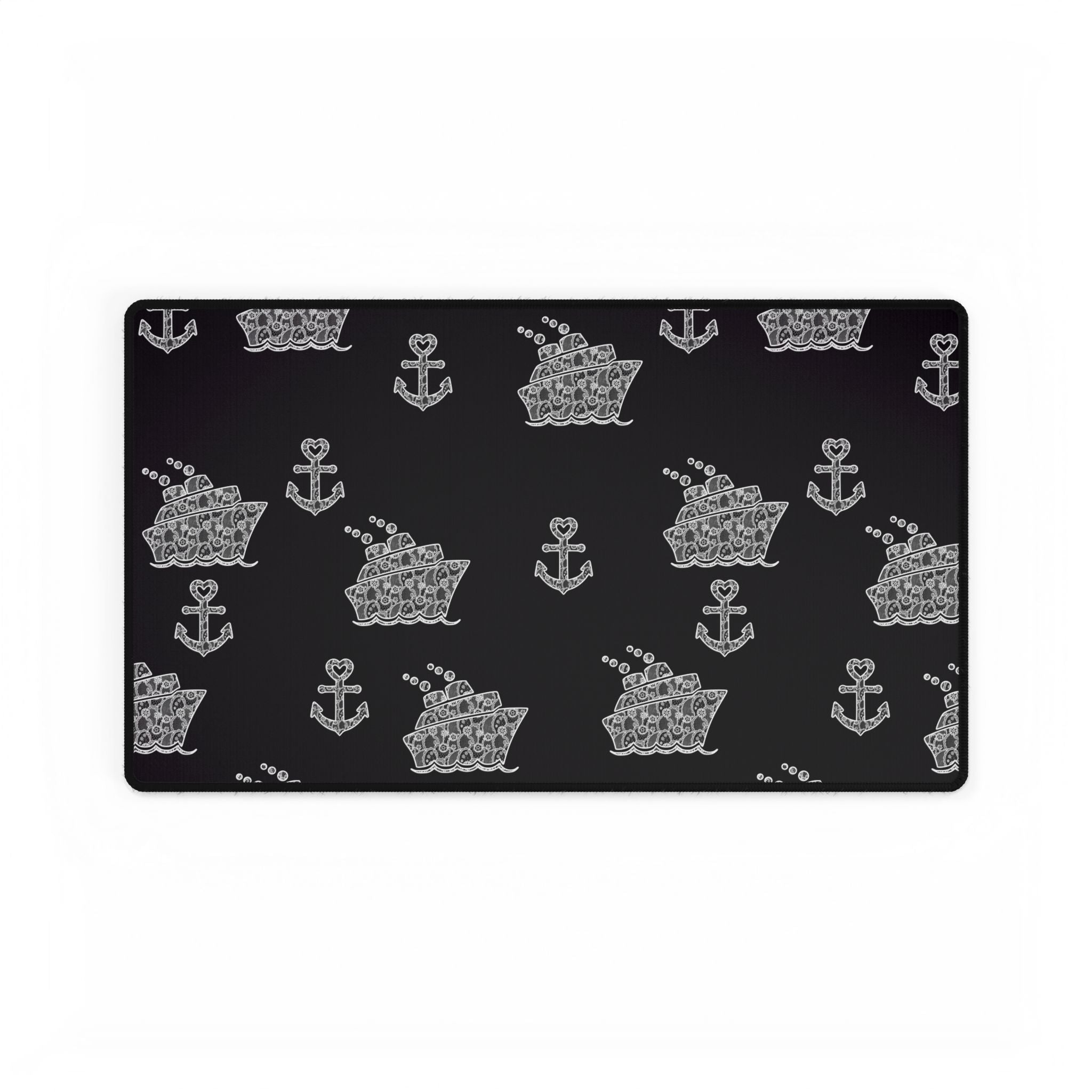 Black Cruise Ship Desk Mats and Mouse pads with White Lace Anchors and Ships, Office Decor, Cruise Gifts, Home Workspace