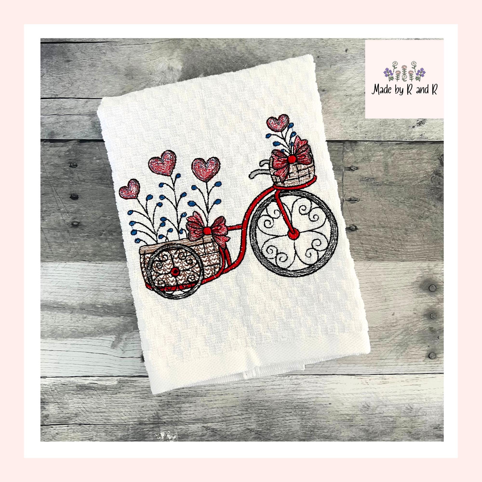 Valentine Bicycle Embroidered Kitchen Dish Towel