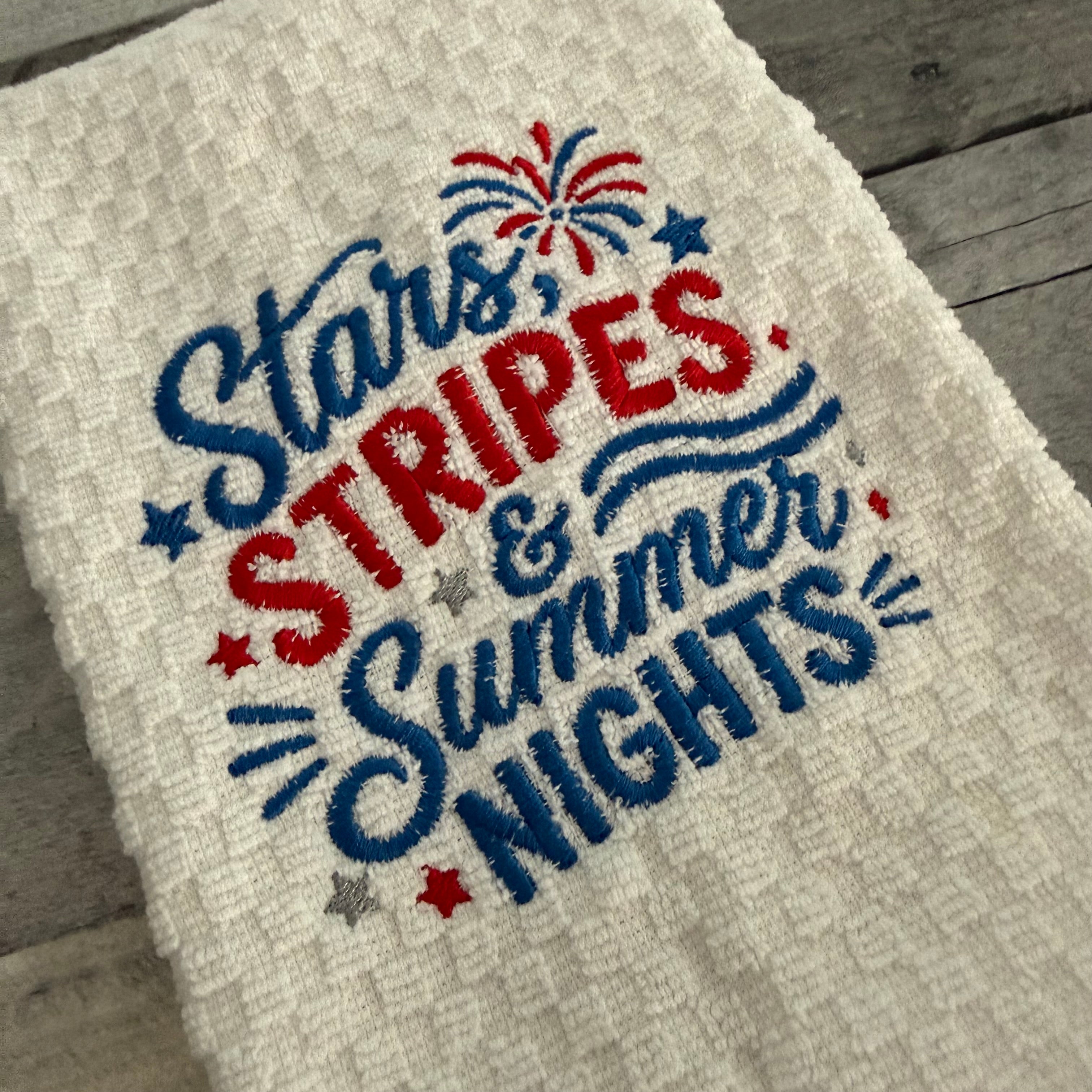 Stars Stripes and Summer Nights Embroidered Kitchen Dish Towel