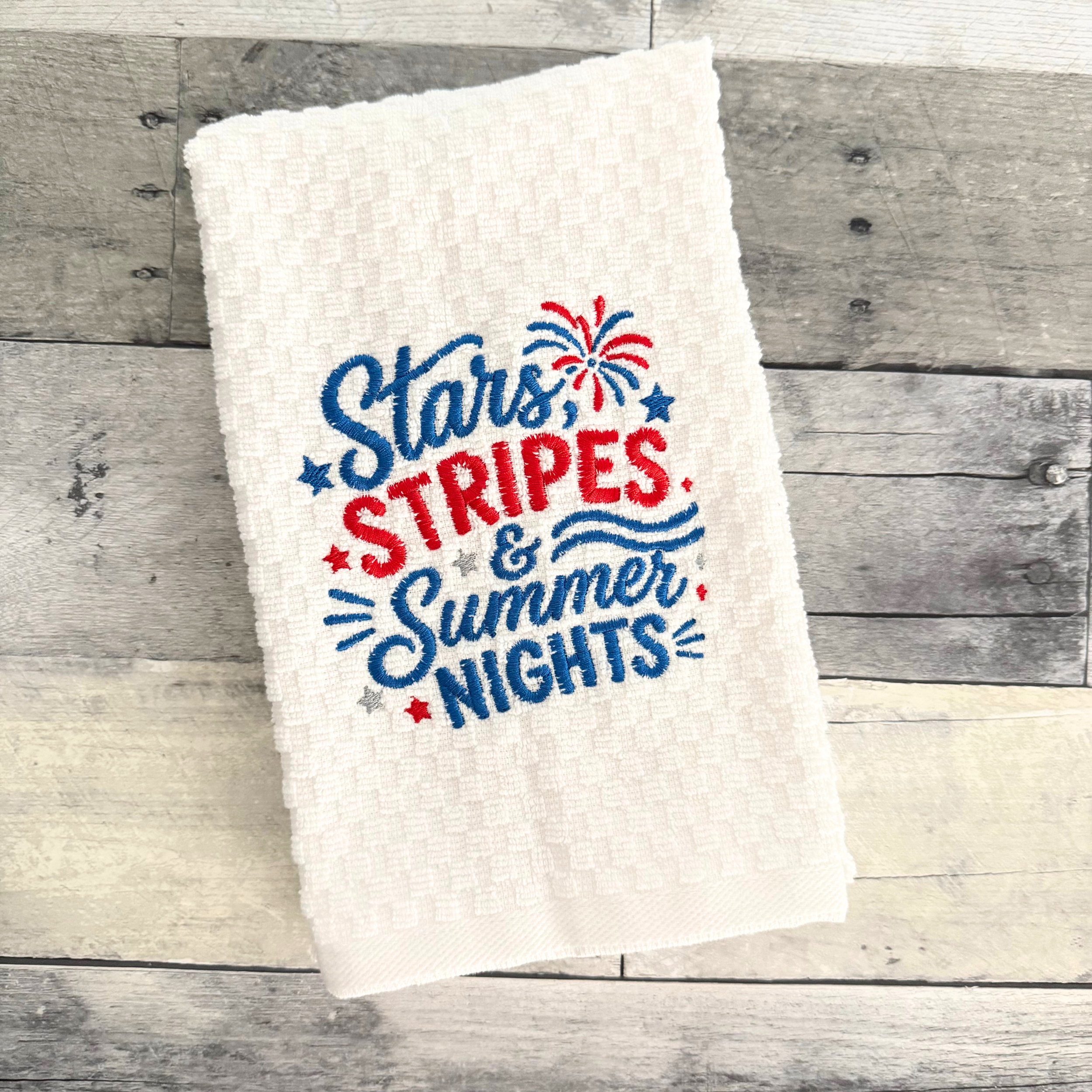 Stars Stripes and Summer Nights Embroidered Kitchen Dish Towel