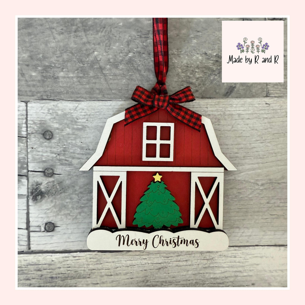 Merry Christmas Wood Barn Ornament