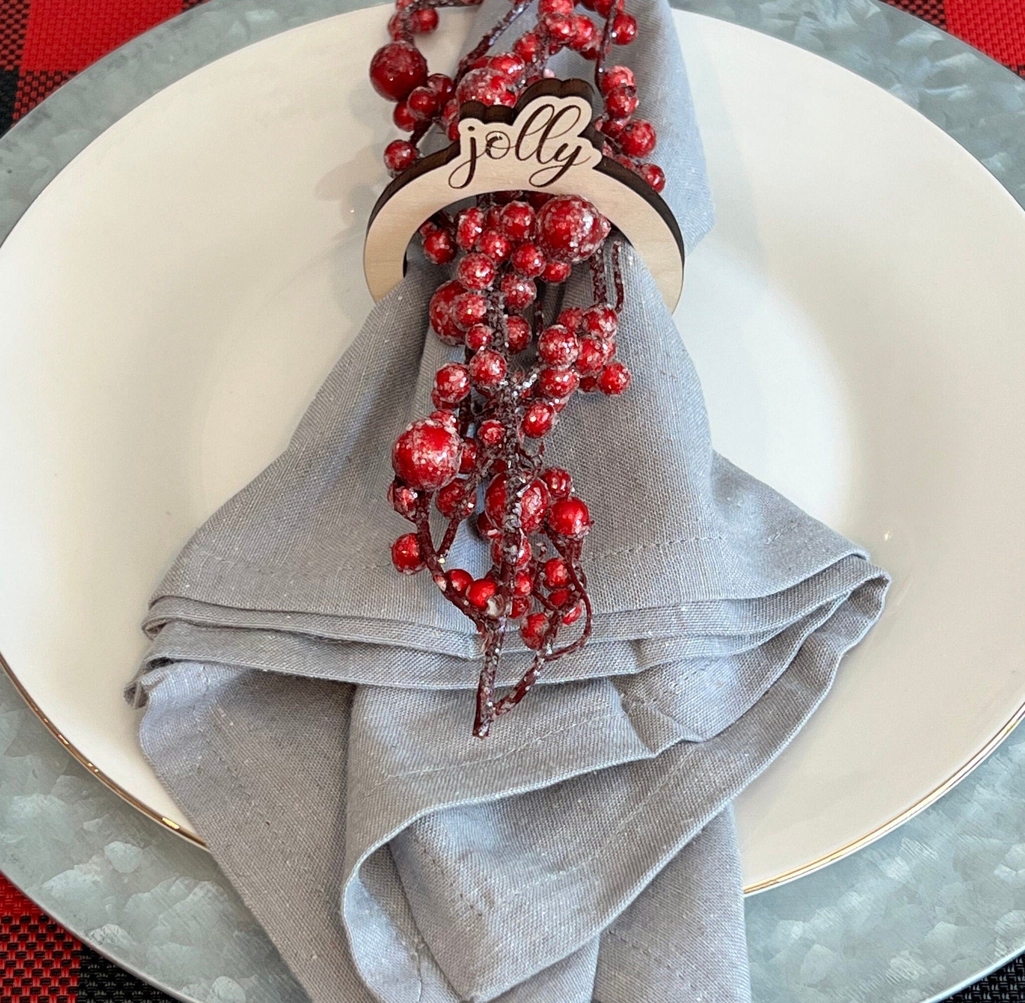 Set of 4 Wooden Christmas Napkin Ring Holders - Merry, Believe, Jolly, Joyful