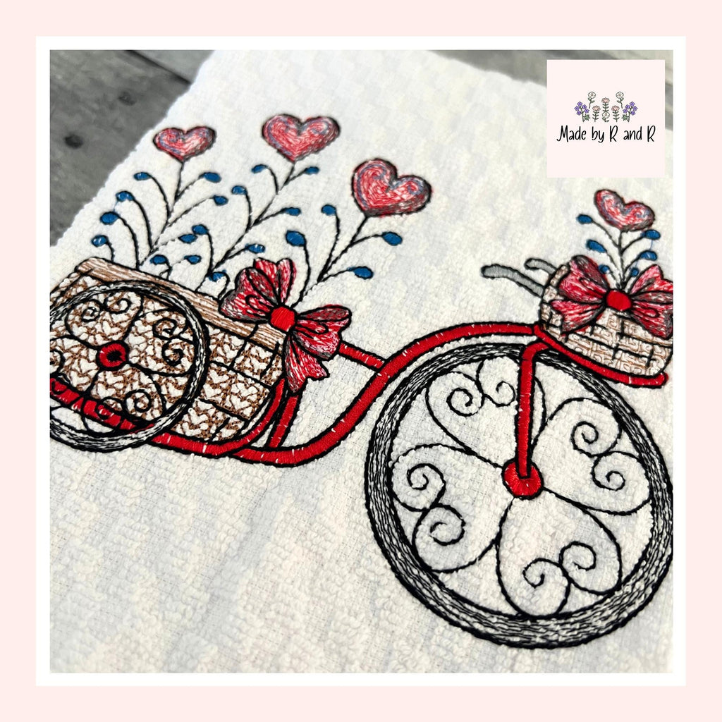 Valentine Bicycle Embroidered Kitchen Dish Towel