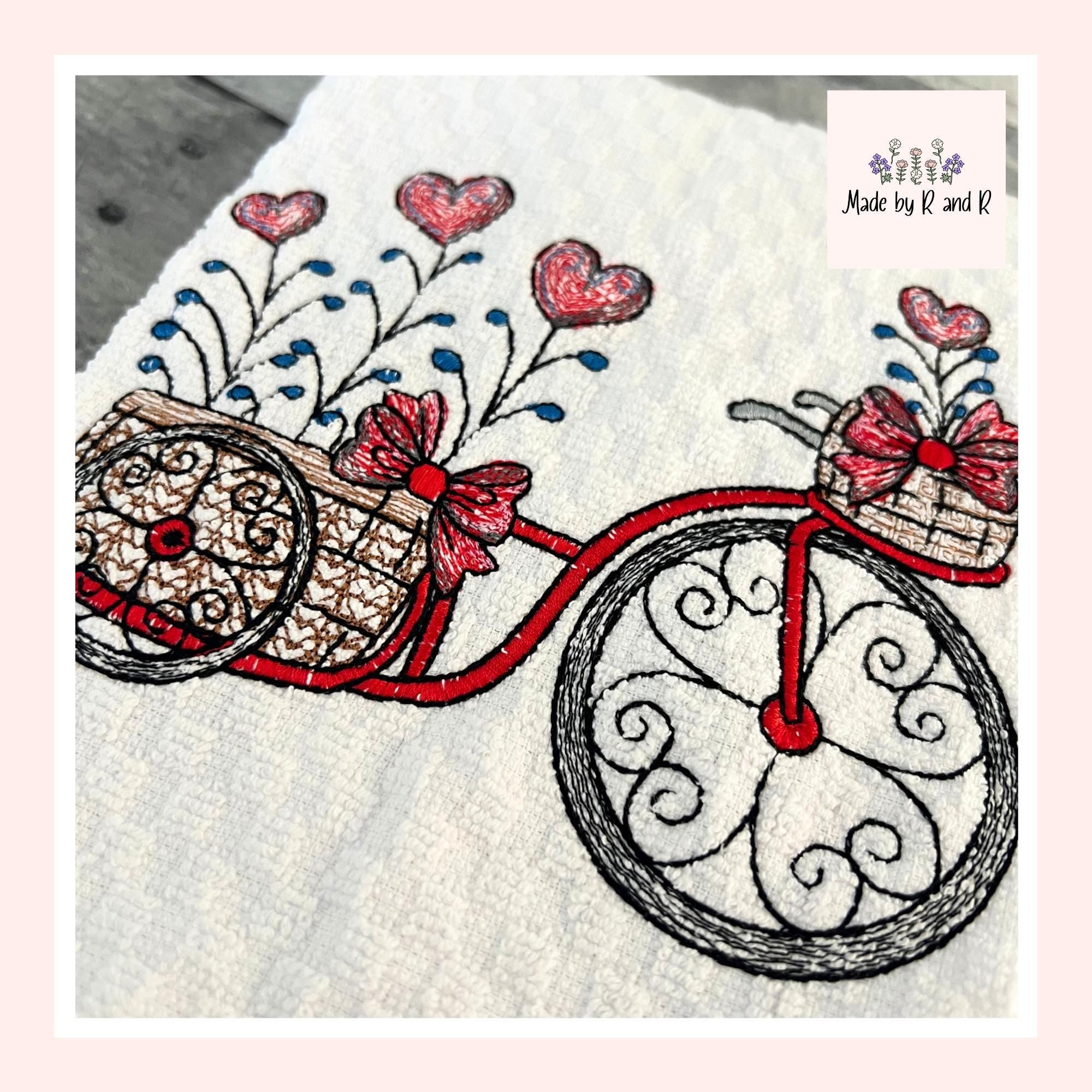 Valentine Bicycle Embroidered Kitchen Dish Towel