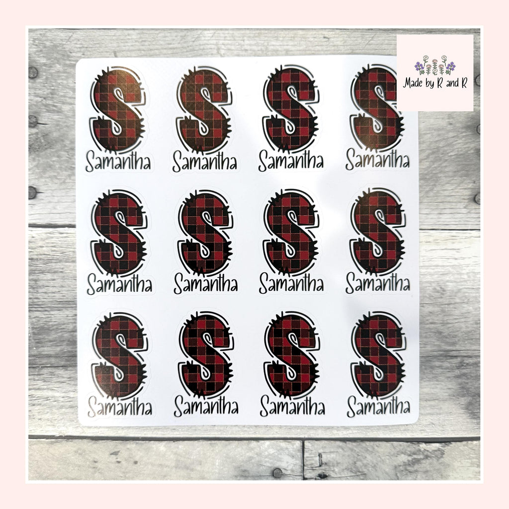 Custom Name and Monogram Buffalo Plaid Stickers (set of 12)
