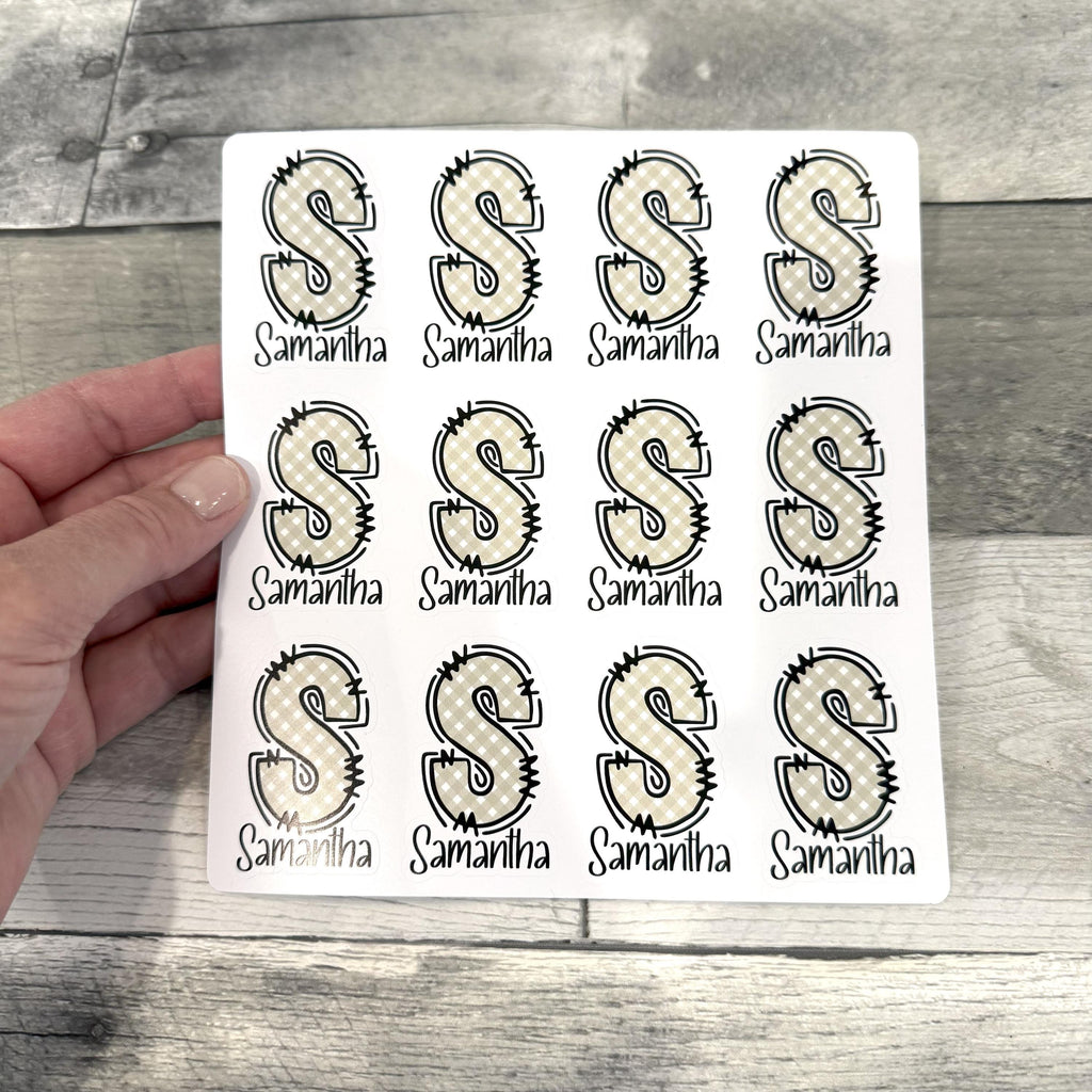 Custom Name and Monogram Green Gingham Stickers (set of 12)