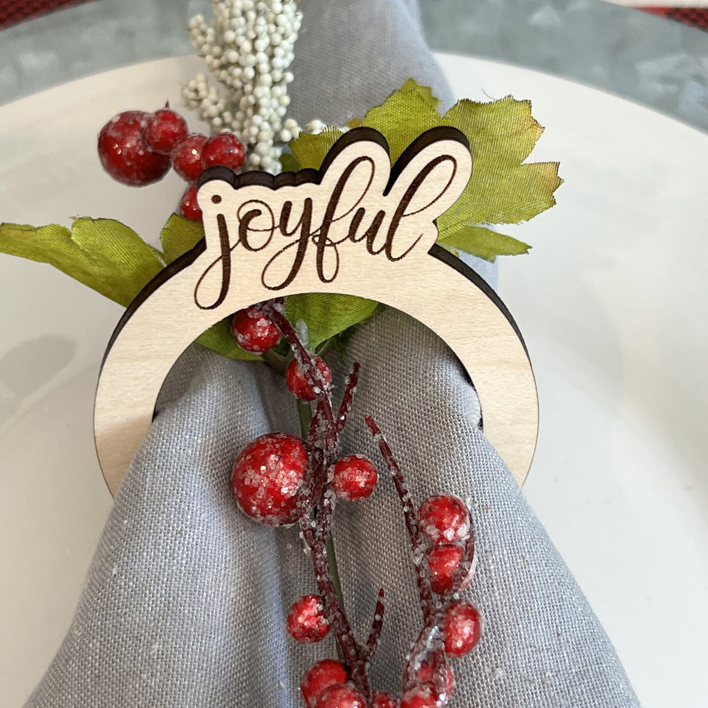 Set of 4 Wooden Christmas Napkin Ring Holders - Merry, Believe, Jolly, Joyful
