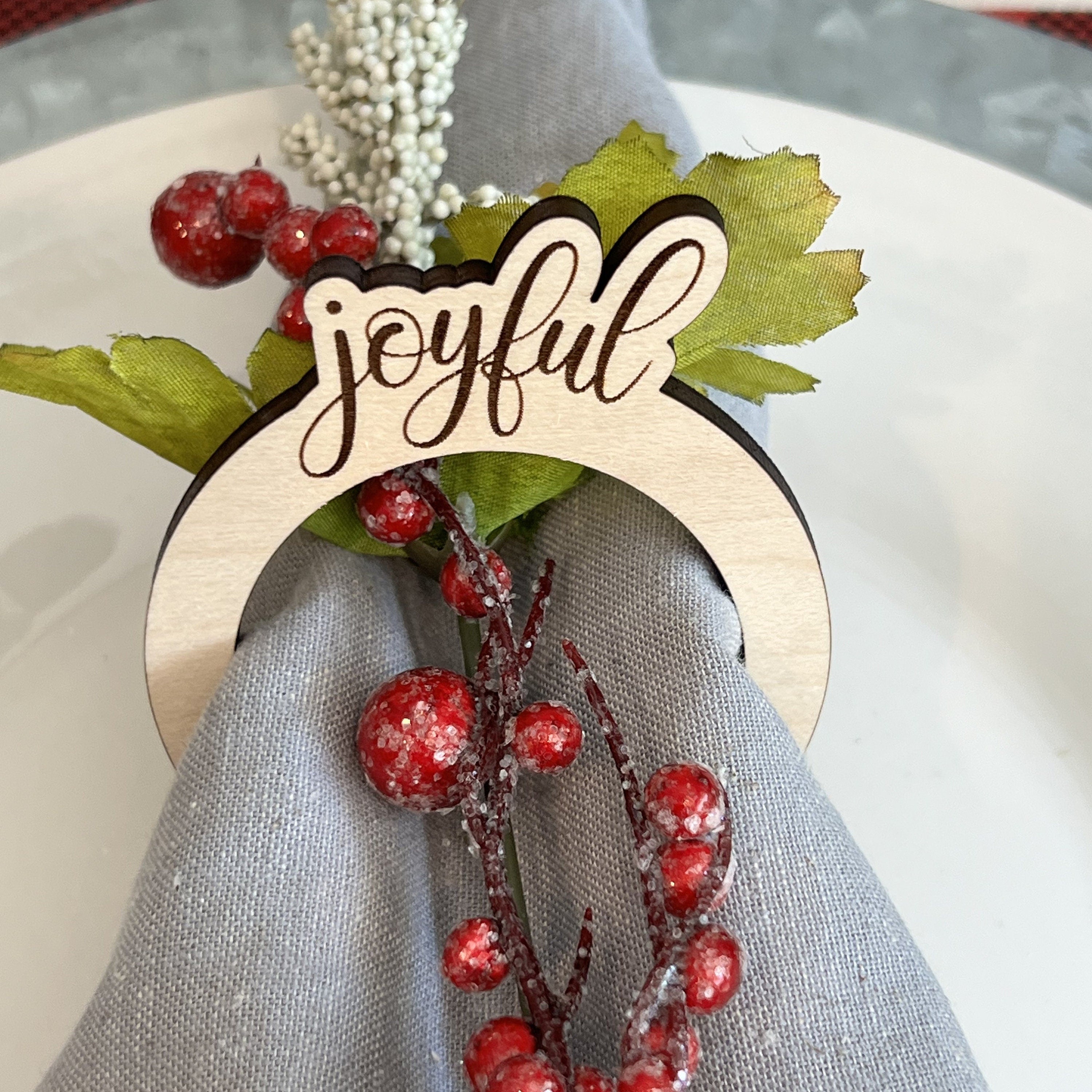 Set of 4 Wooden Christmas Napkin Ring Holders - Merry, Believe, Jolly, Joyful