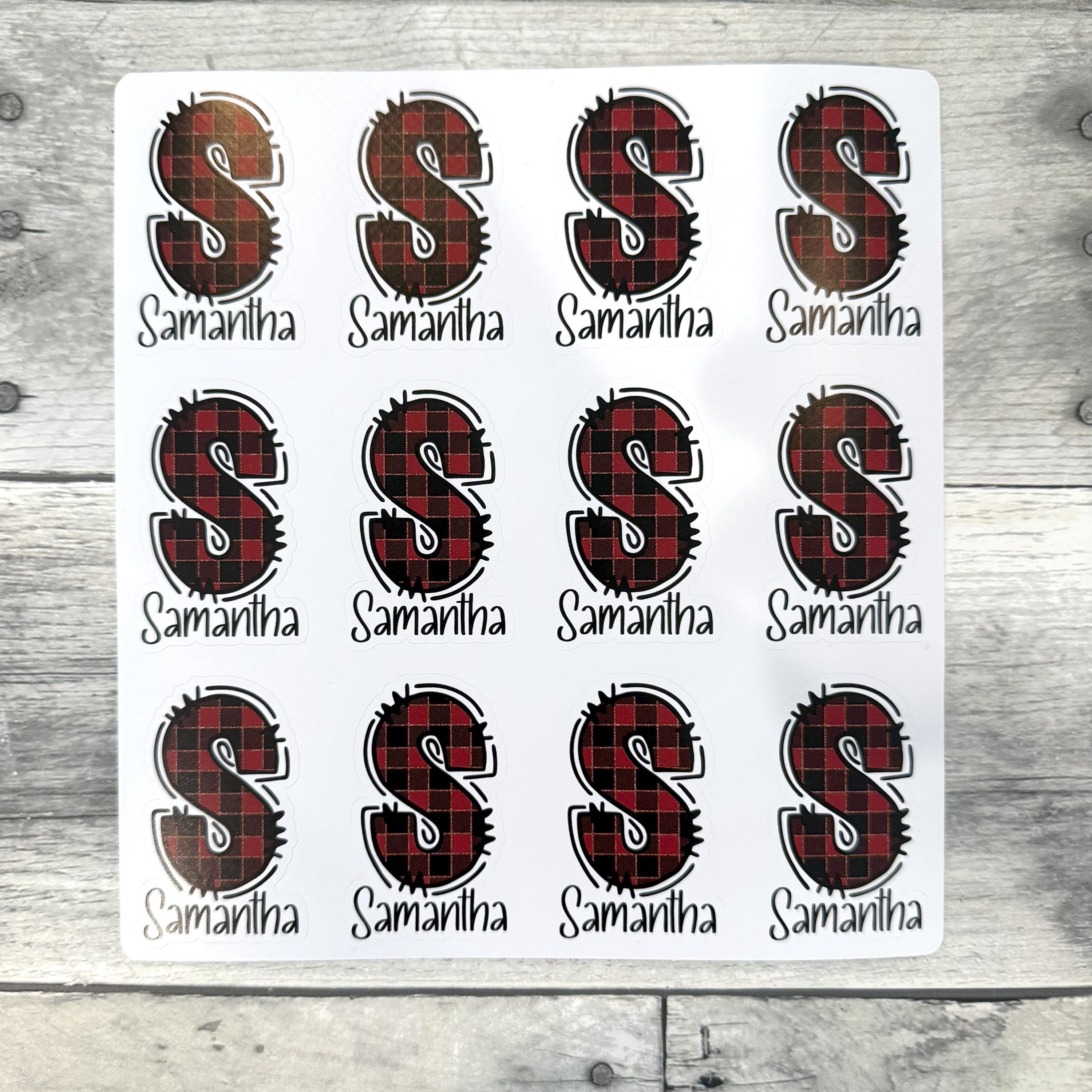 Custom Name and Monogram Buffalo Plaid Stickers (set of 12)