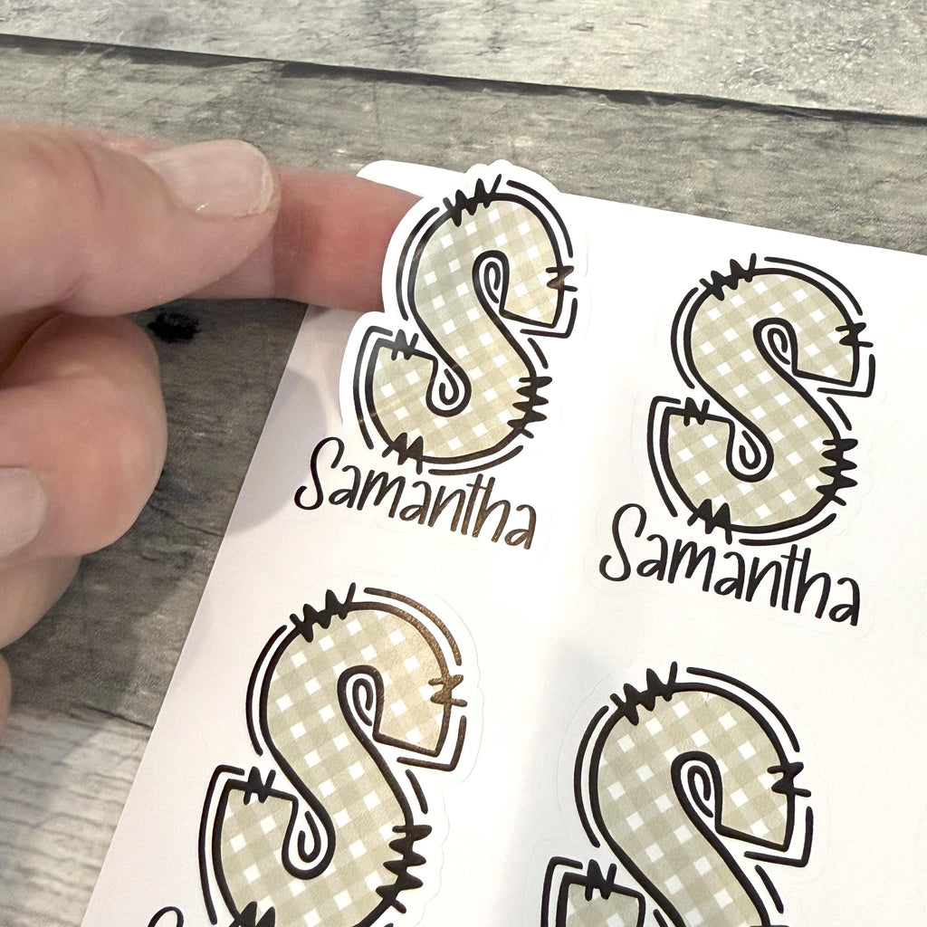 Custom Name and Monogram Green Gingham Stickers (set of 12)