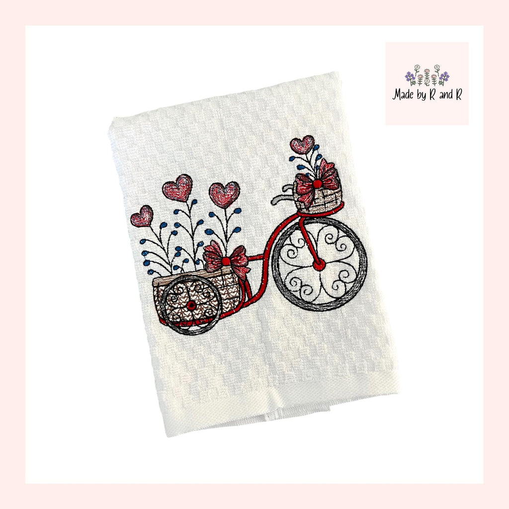 Valentine Bicycle Embroidered Kitchen Dish Towel