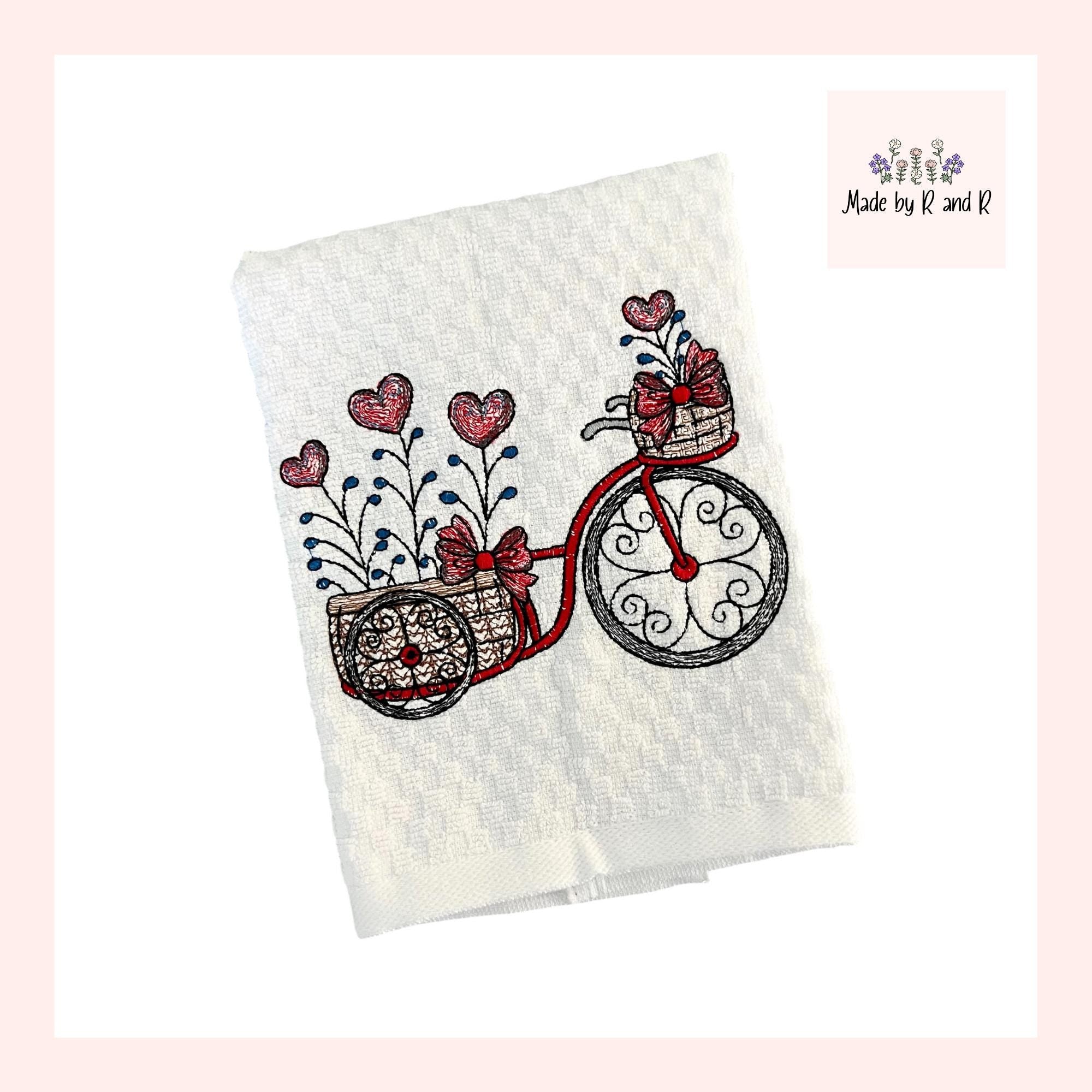 Valentine Bicycle Embroidered Kitchen Dish Towel