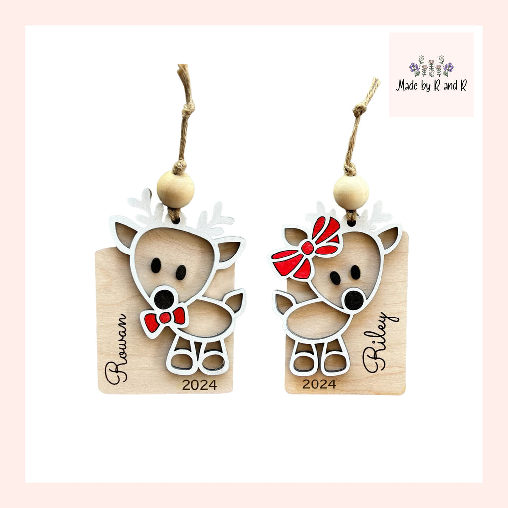 Custom Reindeer Wood Ornament (Choose boy or girl) From Made By R And R
