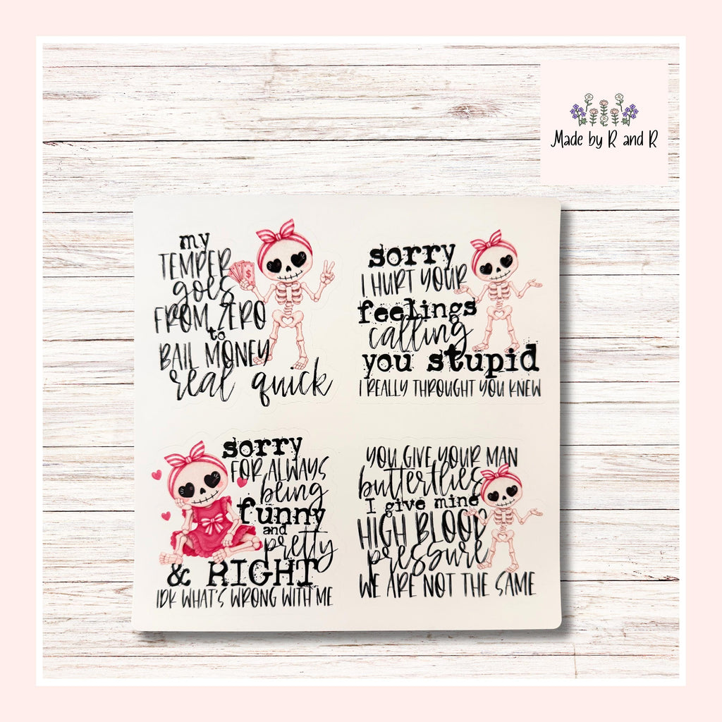 Sarcastic Girly Skeleton Stickers (Set of 4)