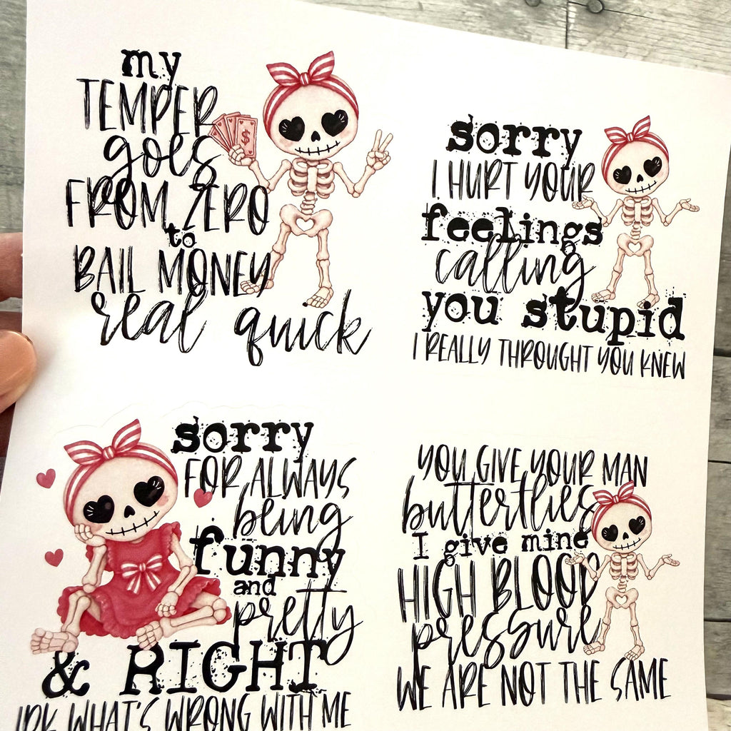 Sarcastic Girly Skeleton Stickers (Set of 4)