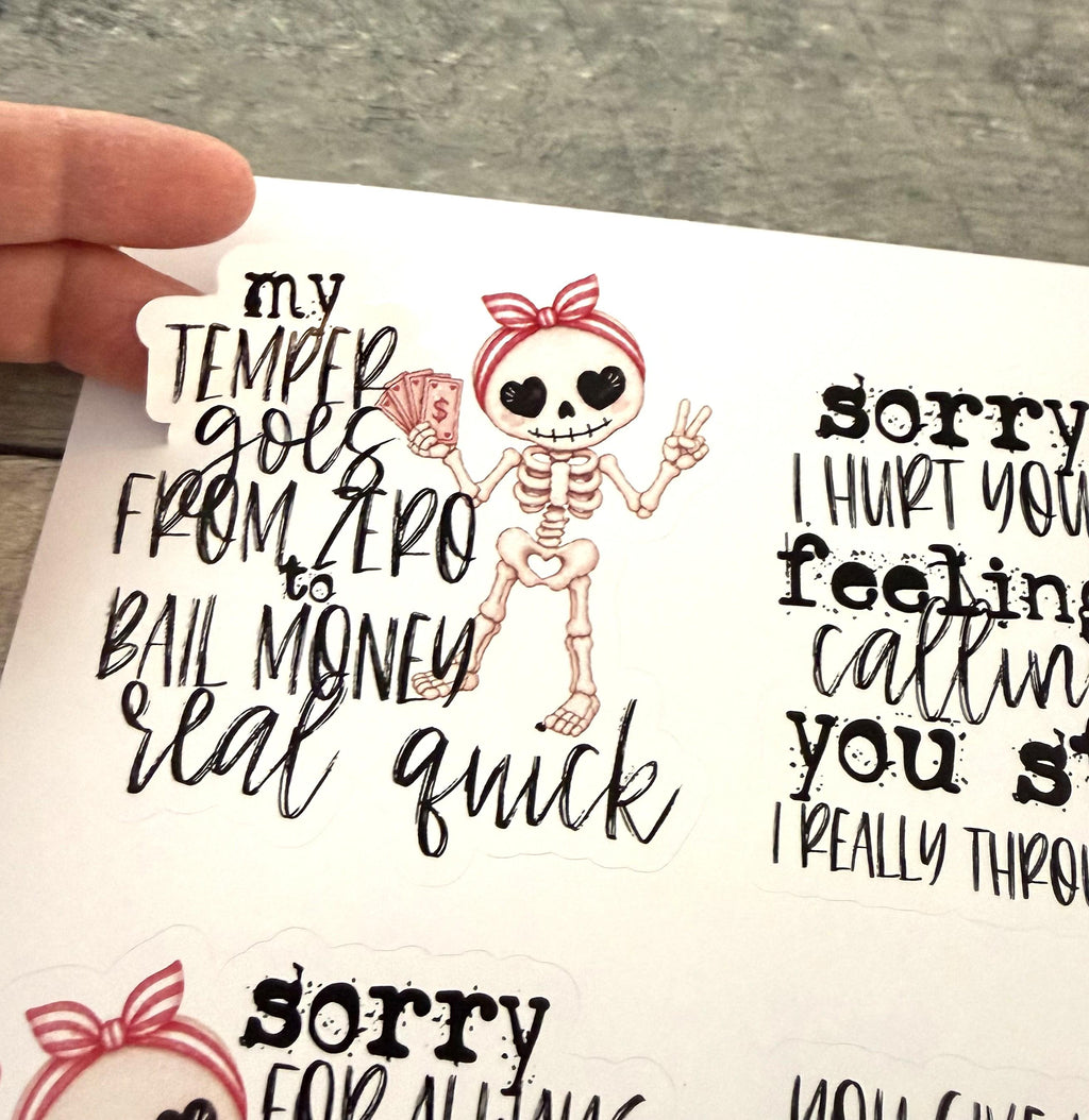 Sarcastic Girly Skeleton Stickers (Set of 4)