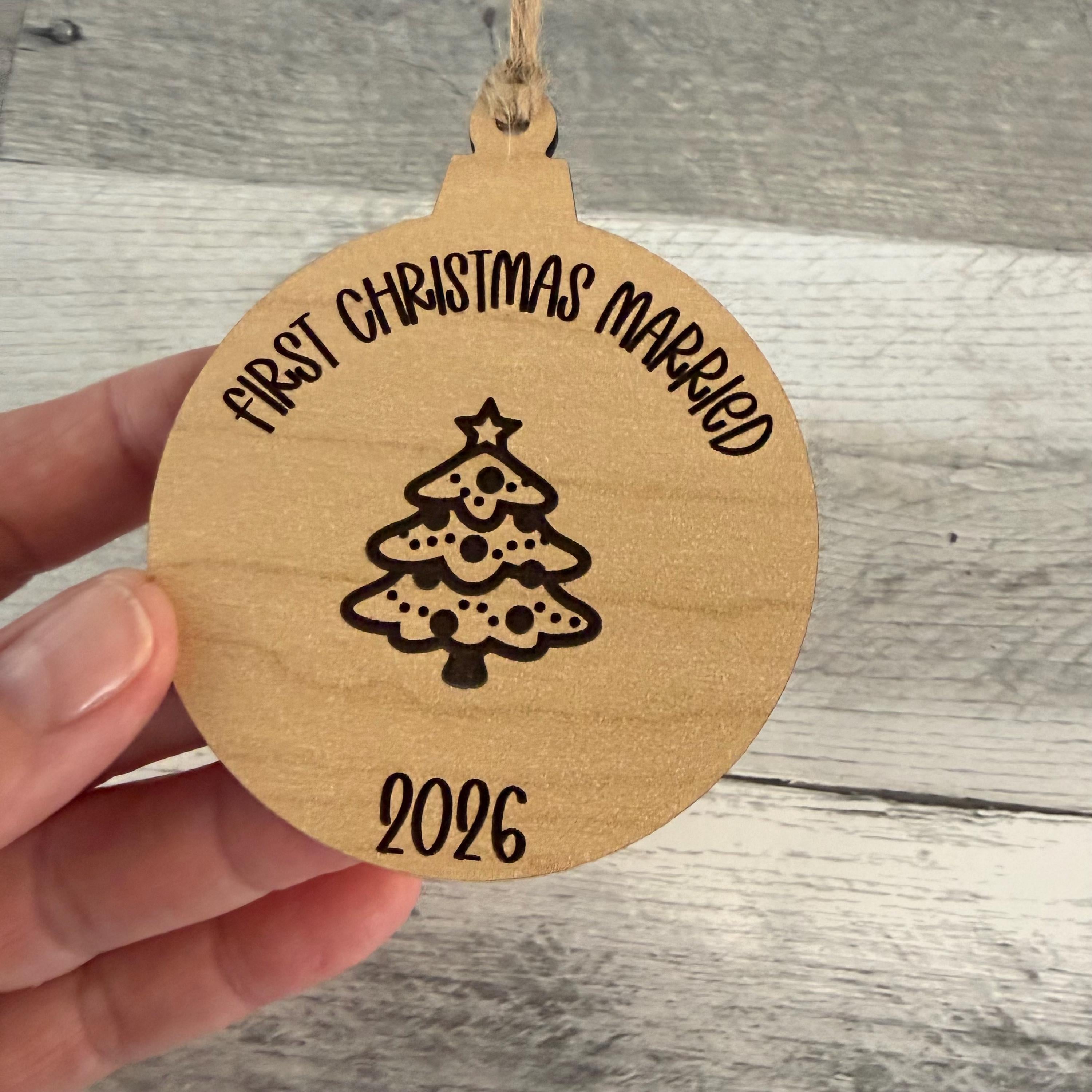 First Christmas Engaged OR Married Wood Ornament From Made By R And R