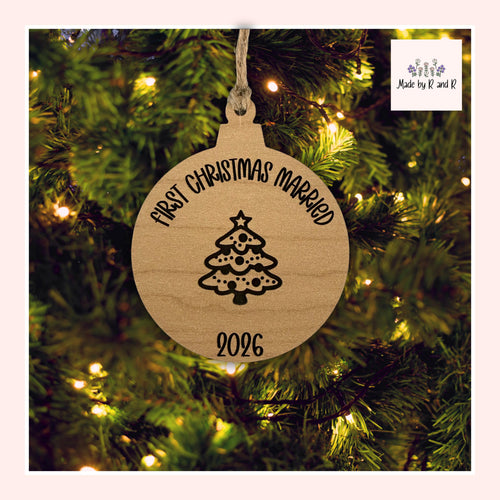 First Christmas Engaged OR Married Wood Ornament From Made By R And R