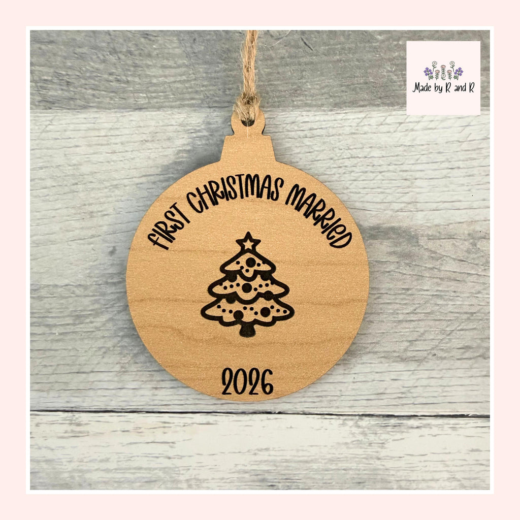 First Christmas Engaged OR Married Wood Ornament From Made By R And R