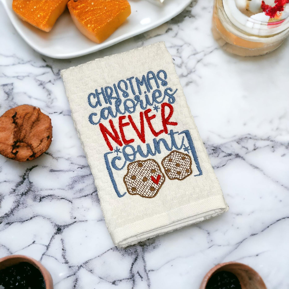 Christmas Calories Never Count Embroidered Kitchen Dish Towel