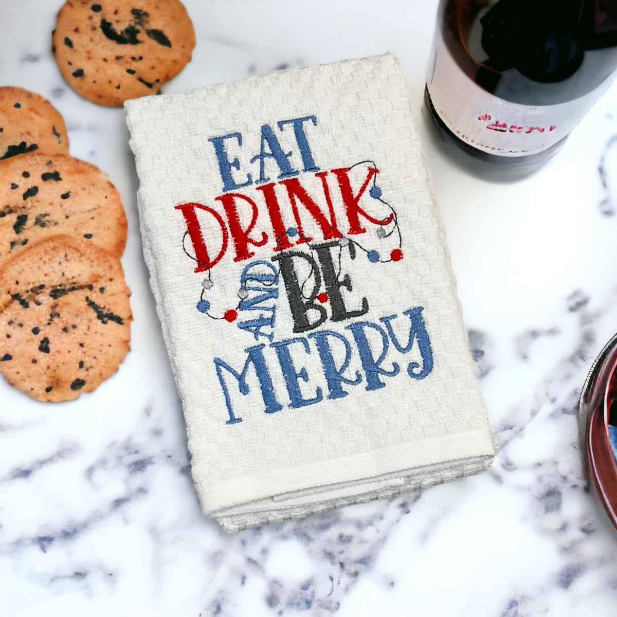 Eat Drink and Be Merry Embroidered Kitchen Dish Towel
